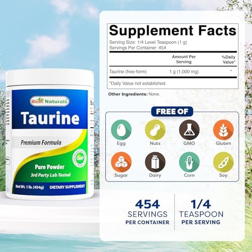 Best Naturals 100% Reines Taurin Pulver in freier Form – 1000 mg pro Portion – 454 g (1 lb)