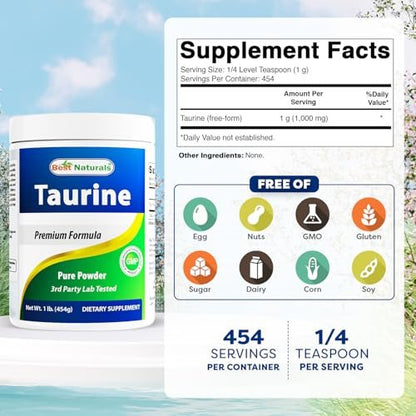 Best Naturals 100% Reines Taurin Pulver in freier Form – 1000 mg pro Portion – 454 g (1 lb)