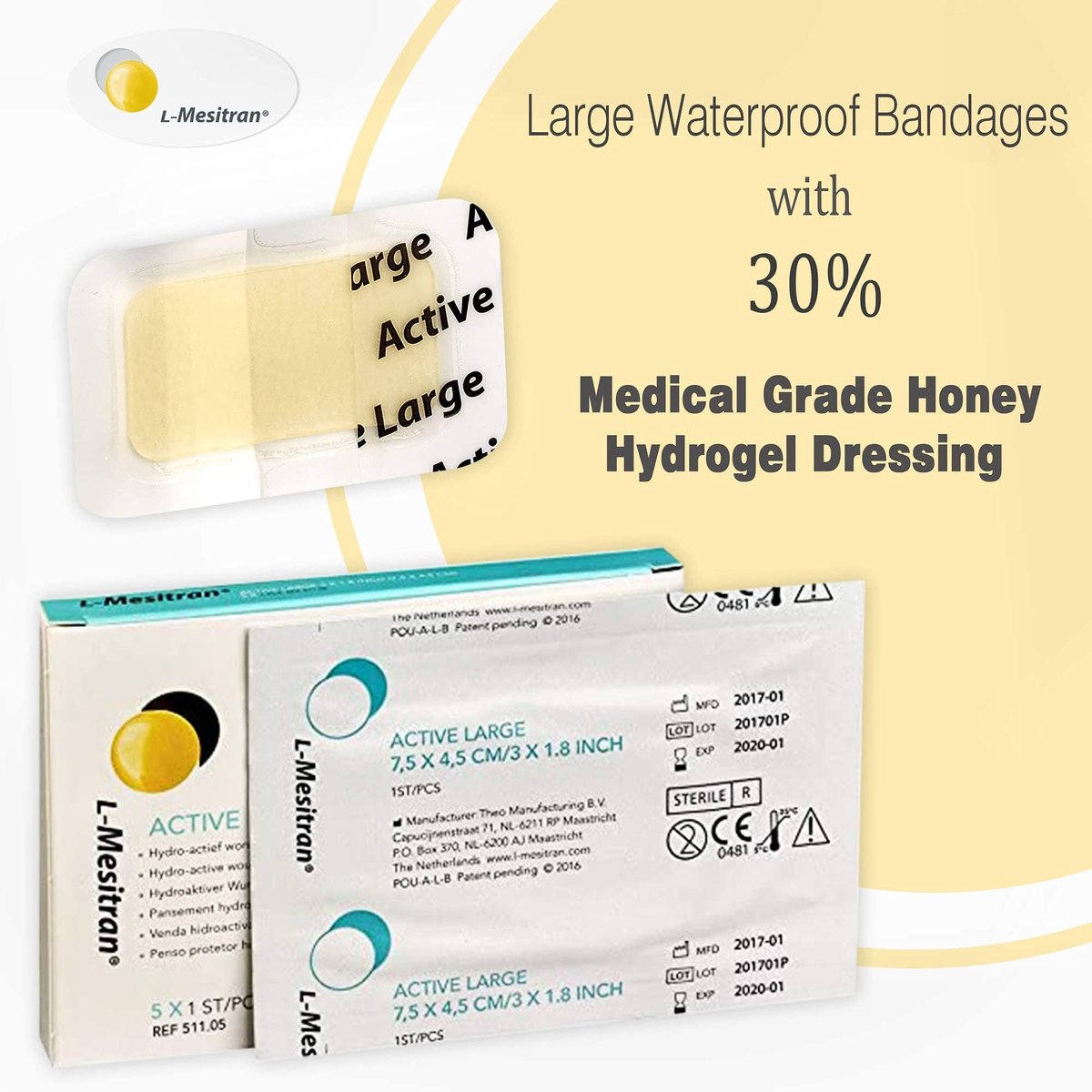 L-Mesitran Medizinische Honig-Wundauflagen (5 Stück pro Packung) – 30% Honig – Wundheilung, wasserdicht, steril, nicht haftend, für kleine Schnitte, Schürfwunden, Verbrennungen