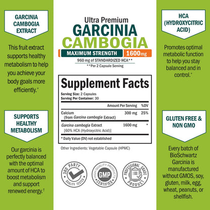 Garcinia Cambogia Kapseln zur Gewichtsabnahme – Appetitzügler & Fatburner für Männer & Frauen – 1600 mg natürlicher Extrakt & 960 mg HCA – Stoffwechsel-Booster & Kohlenhydratblocker – 60 Kapseln