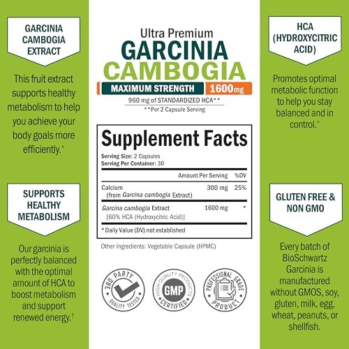 Garcinia Cambogia Kapseln zur Gewichtsabnahme – Appetitzügler & Fatburner für Männer & Frauen – 1600 mg natürlicher Extrakt & 960 mg HCA – Stoffwechsel-Booster & Kohlenhydratblocker – 60 Kapseln