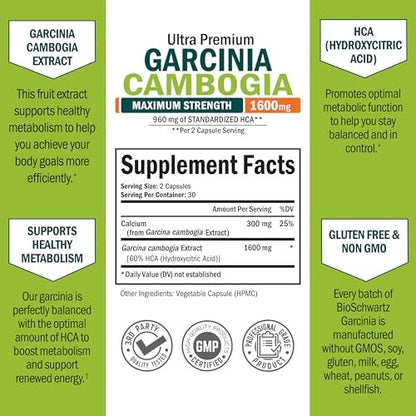 Garcinia Cambogia Kapseln zur Gewichtsabnahme – Appetitzügler & Fatburner für Männer & Frauen – 1600 mg natürlicher Extrakt & 960 mg HCA – Stoffwechsel-Booster & Kohlenhydratblocker – 60 Kapseln
