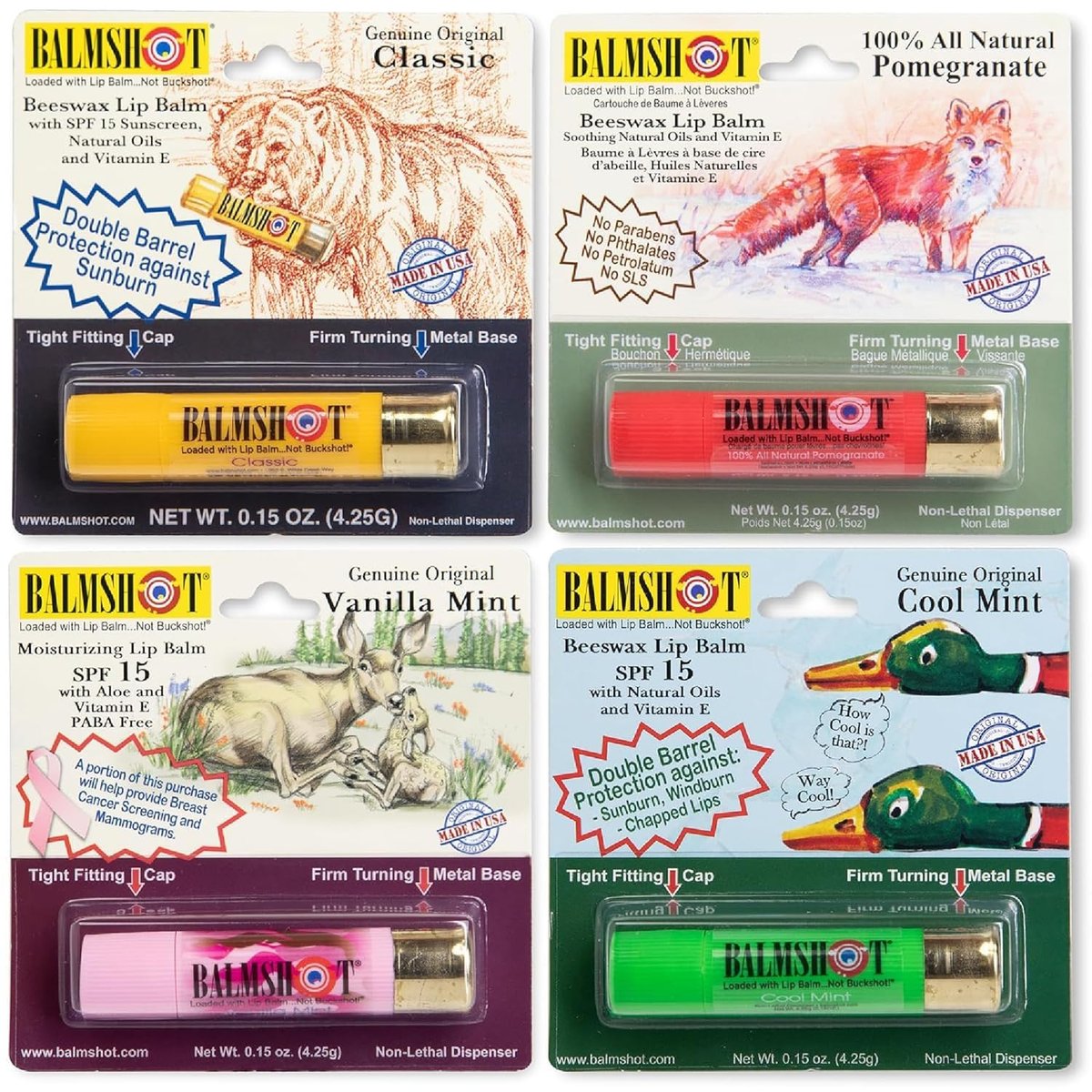 BALMSHOT Lippenbalsam 4er-Pack – SPF 15 Bienenwachs-Lippenpflege mit Aloe & Vitamin E, PABA-frei – 20-Gauge Messing-Schrotpatronen-Tube – Hitzebeständig, langanhaltend – Hergestellt in USA