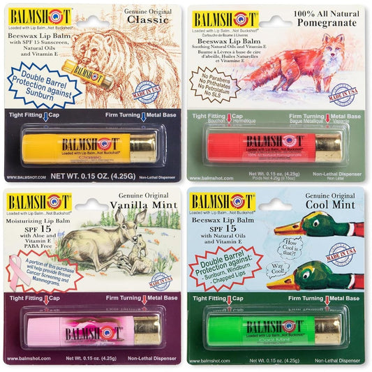 BALMSHOT Lippenbalsam 4er-Pack – SPF 15 Bienenwachs-Lippenpflege mit Aloe & Vitamin E, PABA-frei – 20-Gauge Messing-Schrotpatronen-Tube – Hitzebeständig, langanhaltend – Hergestellt in USA