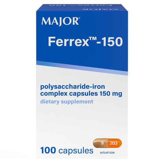 MAJOR Ferrex-150 Polysaccharide-Eisen-Komplex Kapseln 150 mg – Eisenpräparat für Frauen und Männer – Magenschonend – 100 Kapseln (1 Packung)