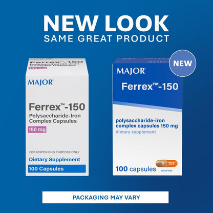 MAJOR Ferrex-150 Polysaccharide-Eisen-Komplex Kapseln 150 mg – Eisenpräparat für Frauen und Männer – Magenschonend – 100 Kapseln (1 Packung)