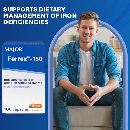 MAJOR Ferrex-150 Polysaccharide-Eisen-Komplex Kapseln 150 mg – Eisenpräparat für Frauen und Männer – Magenschonend – 100 Kapseln (1 Packung)