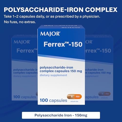 MAJOR Ferrex-150 Polysaccharide-Eisen-Komplex Kapseln 150 mg – Eisenpräparat für Frauen und Männer – Magenschonend – 100 Kapseln (1 Packung)