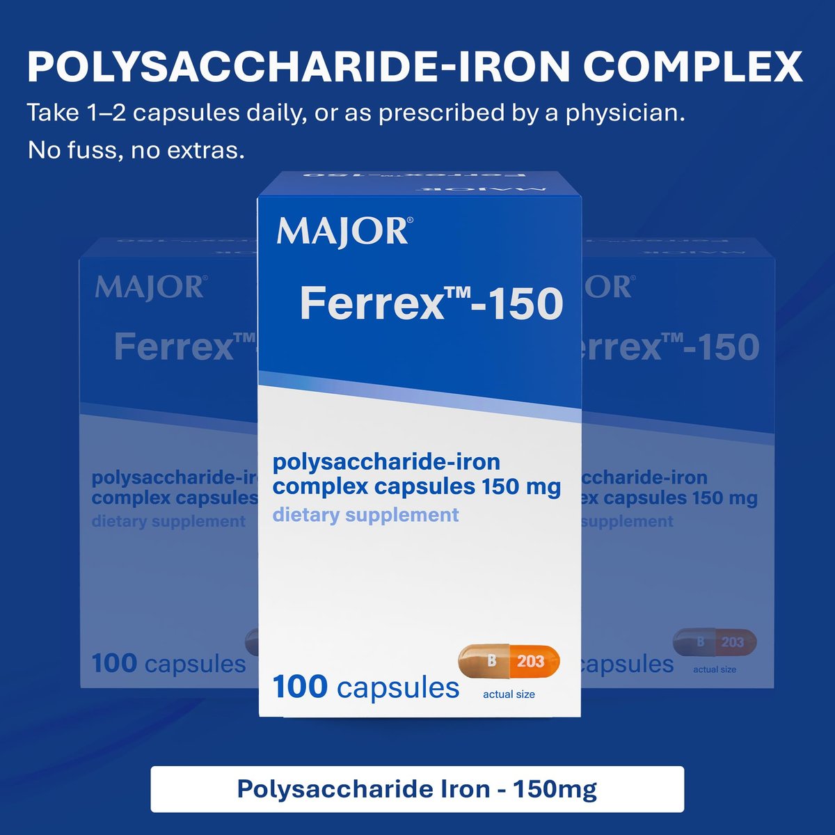MAJOR Ferrex-150 Polysaccharide-Eisen-Komplex Kapseln 150 mg – Eisenpräparat für Frauen und Männer – Magenschonend – 100 Kapseln (1 Packung)