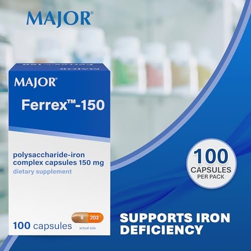 MAJOR Ferrex-150 Polysaccharide-Eisen-Komplex Kapseln 150 mg – Eisenpräparat für Frauen und Männer – Magenschonend – 100 Kapseln (1 Packung)