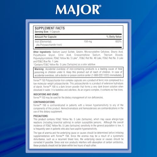 MAJOR Ferrex-150 Polysaccharide-Eisen-Komplex Kapseln 150 mg – Eisenpräparat für Frauen und Männer – Magenschonend – 100 Kapseln (1 Packung)