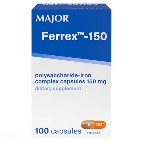 MAJOR Ferrex-150 Polysaccharide-Eisen-Komplex Kapseln 150 mg – Eisenpräparat für Frauen und Männer – Magenschonend – 100 Kapseln (1 Packung)