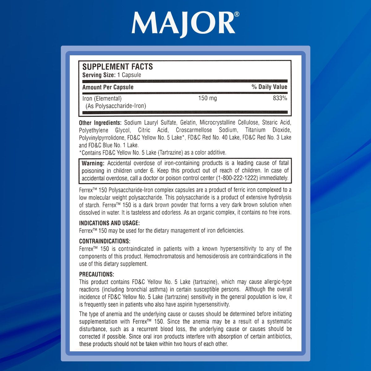 MAJOR Ferrex-150 Polysaccharide-Eisen-Komplex Kapseln 150 mg – Eisenpräparat für Frauen und Männer – Magenschonend – 100 Kapseln (1 Packung)