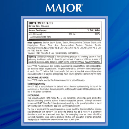 MAJOR Ferrex-150 Polysaccharide-Eisen-Komplex Kapseln 150 mg – Eisenpräparat für Frauen und Männer – Magenschonend – 100 Kapseln (1 Packung)