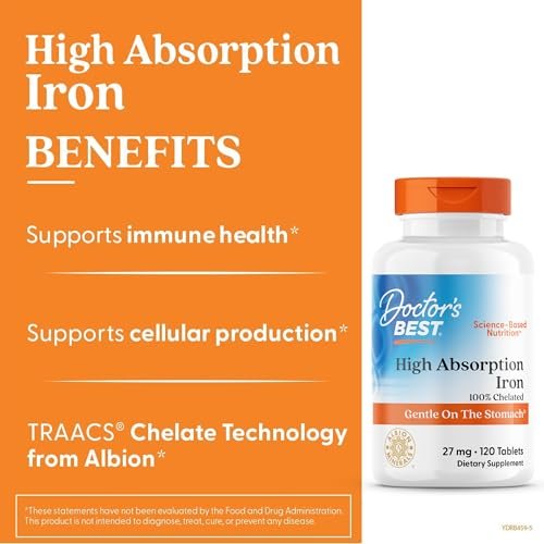 Doctor's Best Hochdosiertes Eisen mit Ferrochel – 27 mg, 120 Tabletten – Magenschonend, für Immunsystem & Blutgesundheit