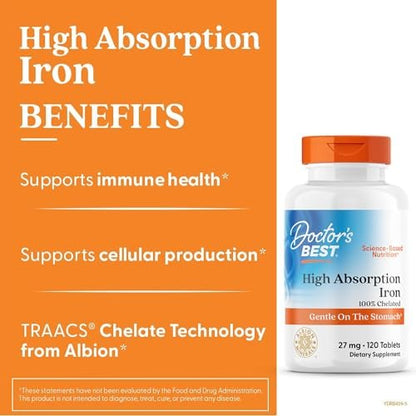Doctor's Best Hochdosiertes Eisen mit Ferrochel – 27 mg, 120 Tabletten – Magenschonend, für Immunsystem & Blutgesundheit