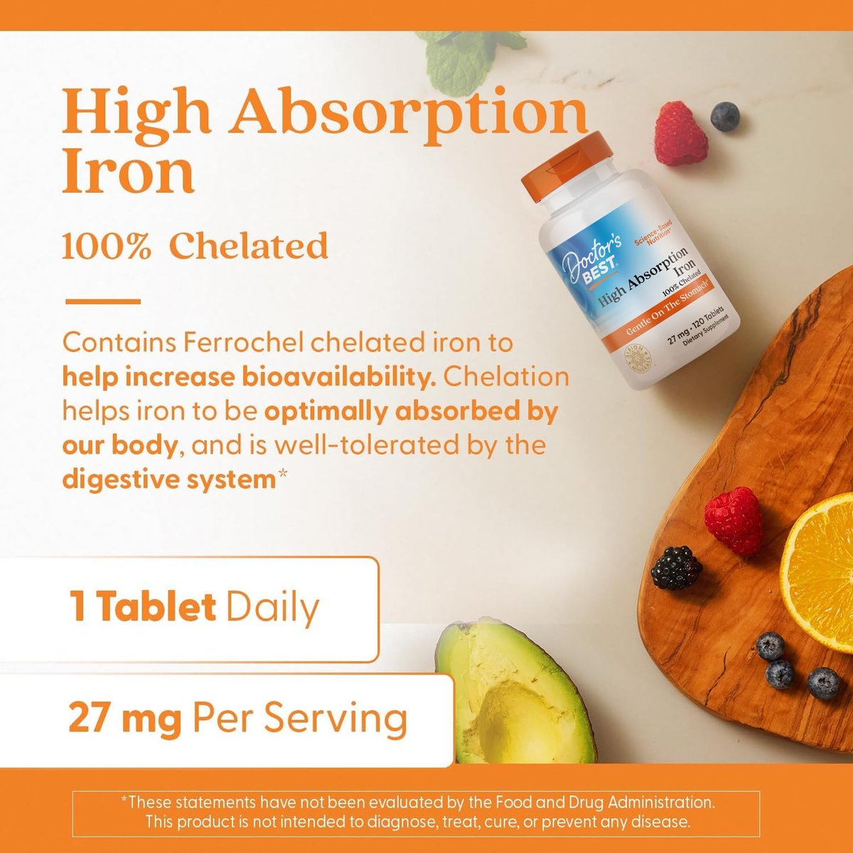 Doctor's Best Hochdosiertes Eisen mit Ferrochel – 27 mg, 120 Tabletten – Magenschonend, für Immunsystem & Blutgesundheit