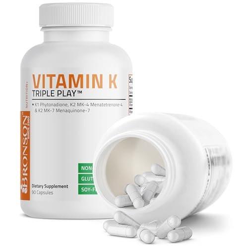 Bronson Vitamin K Triple Play - Vollspektrum Vitamin K Komplex mit K1, K2 MK4 und K2 MK7 - 90 Kapseln