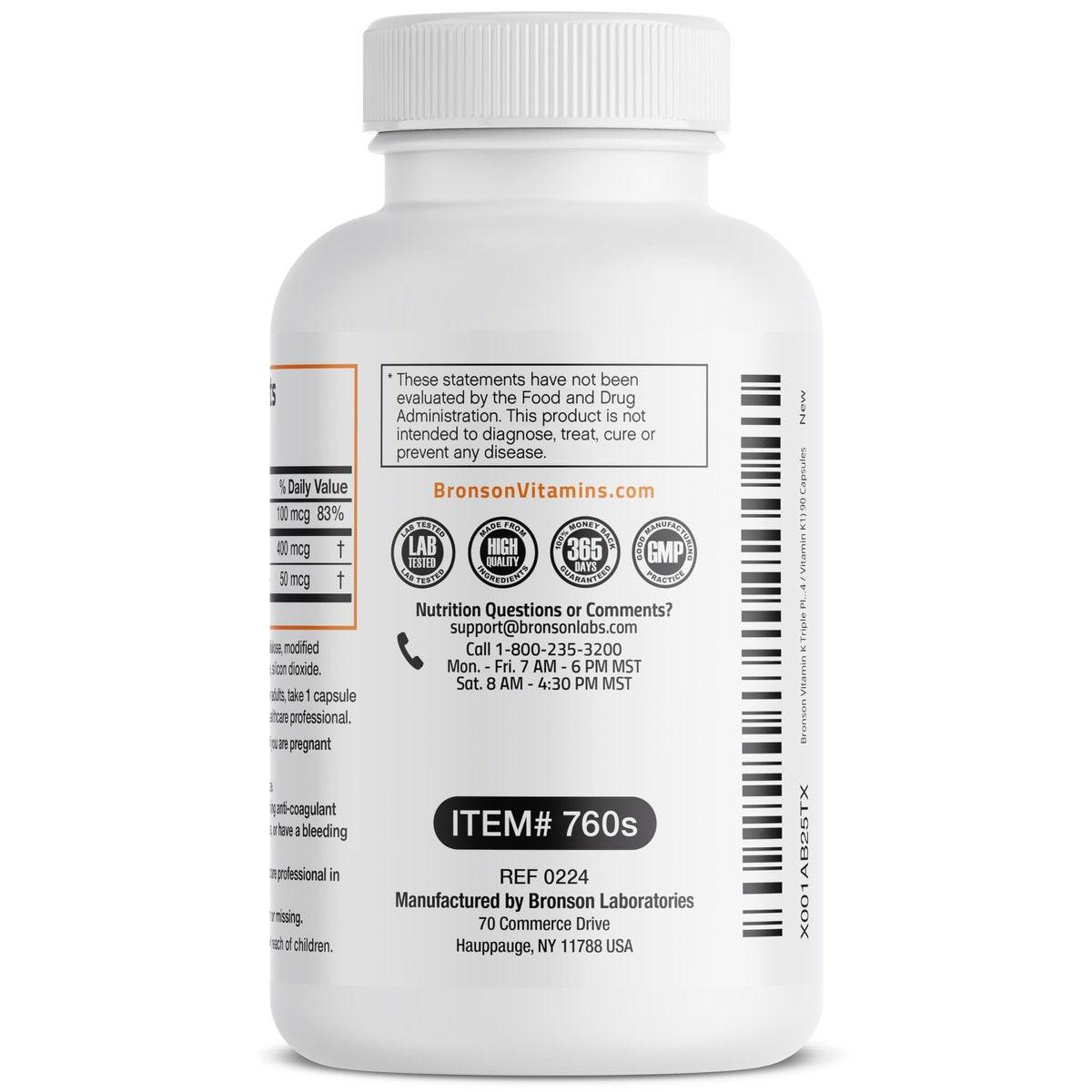Bronson Vitamin K Triple Play - Vollspektrum Vitamin K Komplex mit K1, K2 MK4 und K2 MK7 - 90 Kapseln