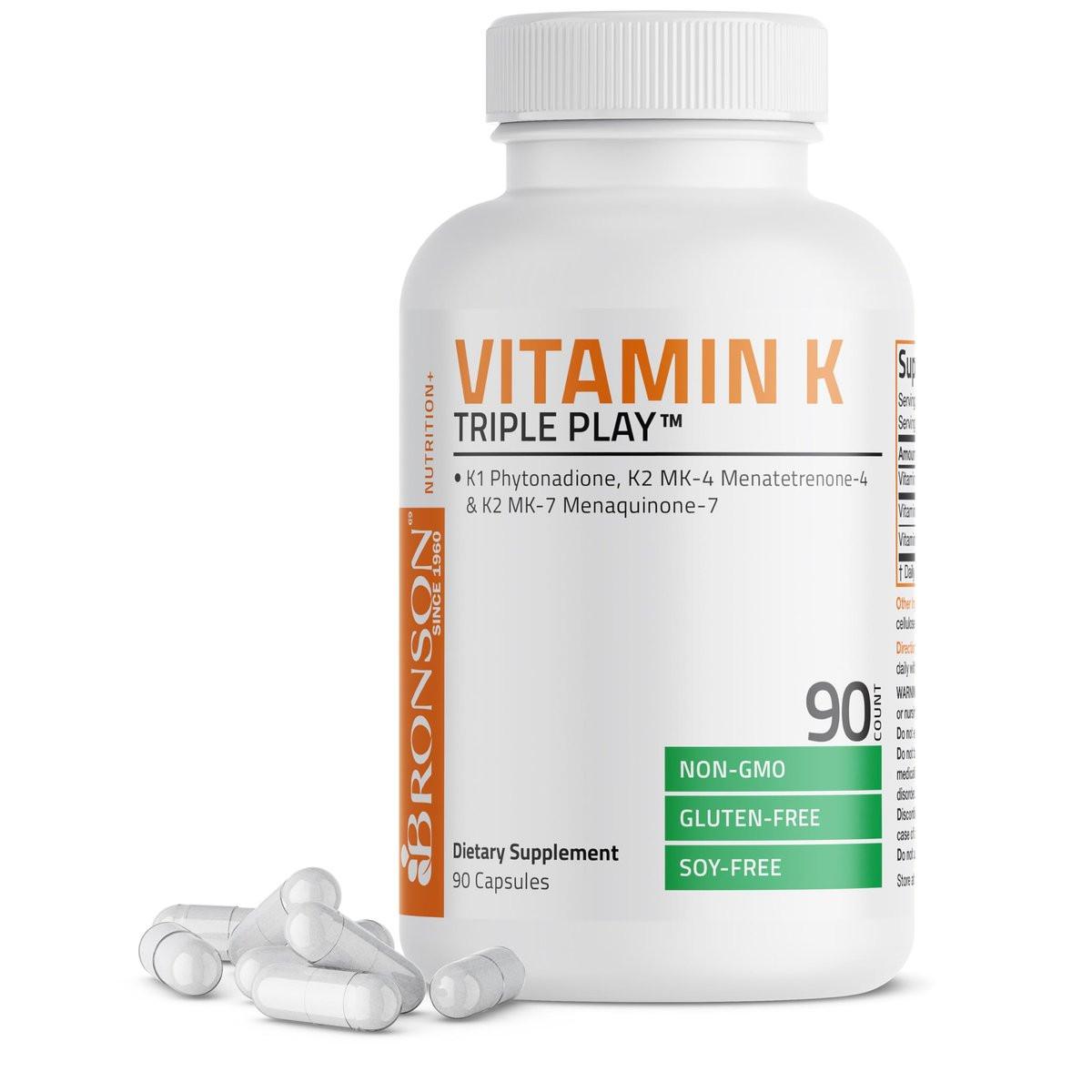 Bronson Vitamin K Triple Play - Vollspektrum Vitamin K Komplex mit K1, K2 MK4 und K2 MK7 - 90 Kapseln