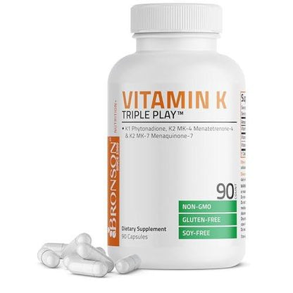 Bronson Vitamin K Triple Play - Vollspektrum Vitamin K Komplex mit K1, K2 MK4 und K2 MK7 - 90 Kapseln