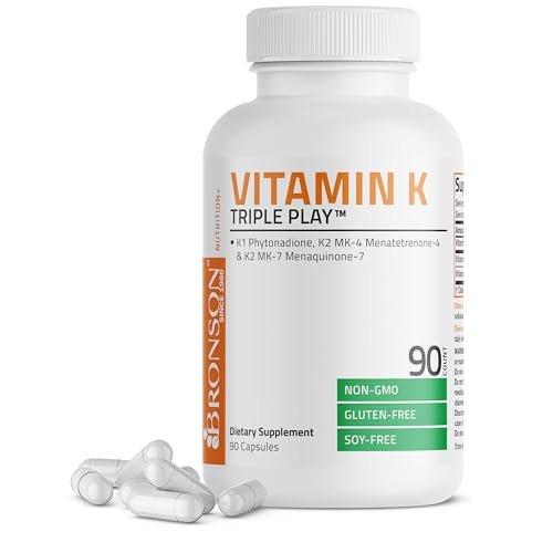 Bronson Vitamin K Triple Play - Vollspektrum Vitamin K Komplex mit K1, K2 MK4 und K2 MK7 - 90 Kapseln