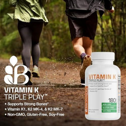 Bronson Vitamin K Triple Play - Vollspektrum Vitamin K Komplex mit K1, K2 MK4 und K2 MK7 - 90 Kapseln