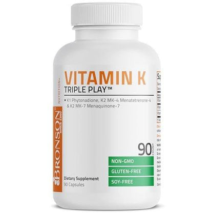 Bronson Vitamin K Triple Play - Vollspektrum Vitamin K Komplex mit K1, K2 MK4 und K2 MK7 - 90 Kapseln