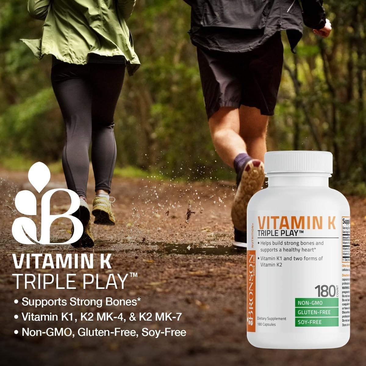 Bronson Vitamin K Triple Play - Vollspektrum Vitamin K Komplex mit K1, K2 MK4 und K2 MK7 - 90 Kapseln