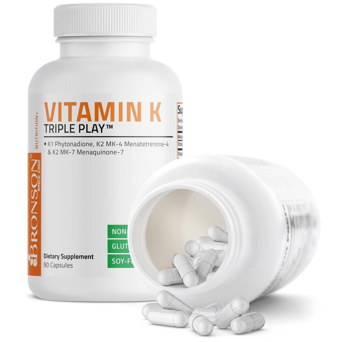 Bronson Vitamin K Triple Play - Vollspektrum Vitamin K Komplex mit K1, K2 MK4 und K2 MK7 - 90 Kapseln