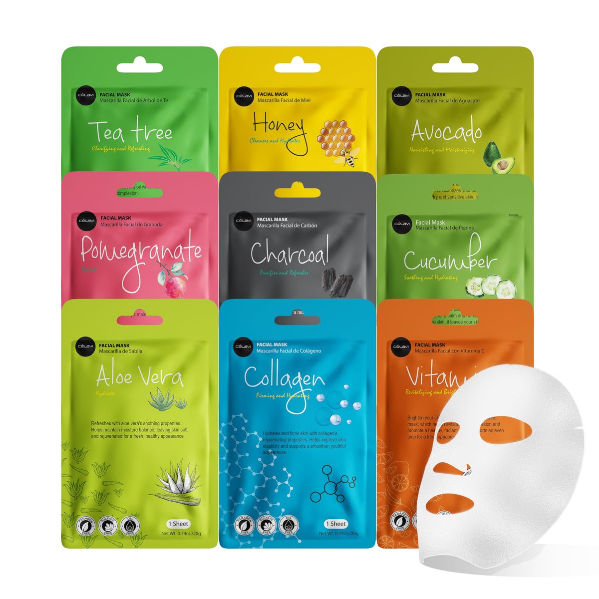 Celavi Essence Gesichtsmaske Tuchmaske Sheet Mask Korea Hautpflege Feuchtigkeitsspendend 9er Pack (Mix aus 9 Sorten)