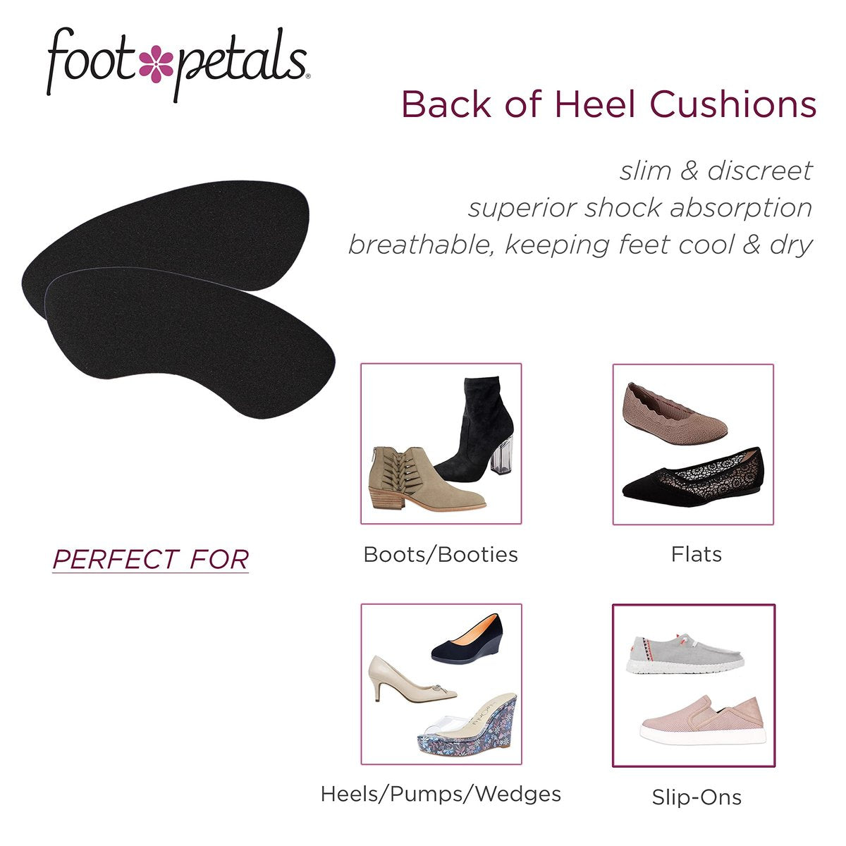 Foot Petals Fersenpolster – Schmerzlindernde Gel-Einlagen für die Ferse, 1 Paar, Schwarz