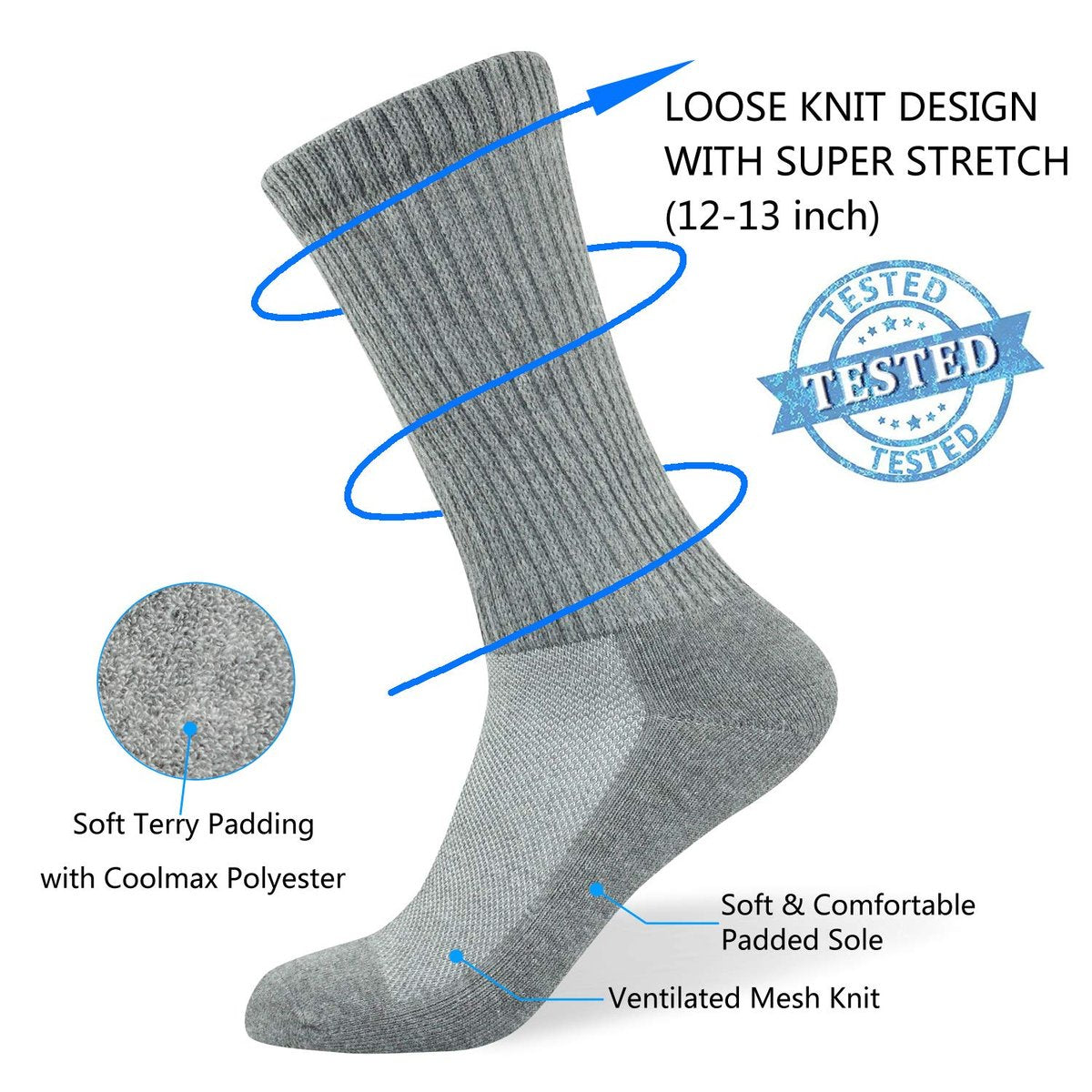 Well Knitting Diabetikersocken für Damen & Herren, Coolmax Medical Circulation Mid Calf Socken mit nahtloser Zehenpartie, nicht einschnürendem Bund und gepolsterter Sohle, 4 Paar (Grau, L)