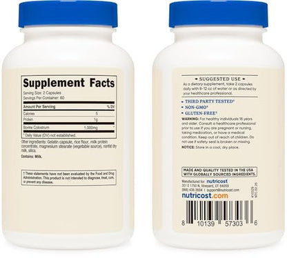 Nutricost Colostrum 1000mg, 120 Kapseln – Glutenfrei & GVO-frei, 60 Portionen