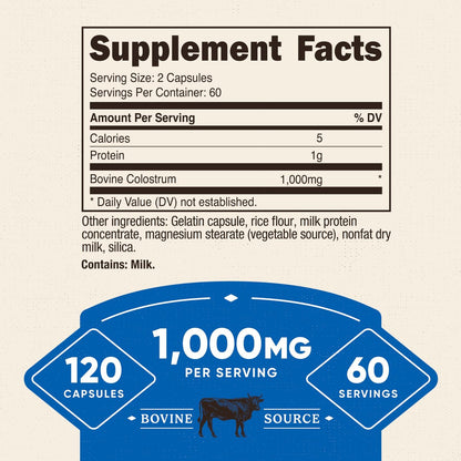 Nutricost Colostrum 1000mg, 120 Kapseln – Glutenfrei & GVO-frei, 60 Portionen