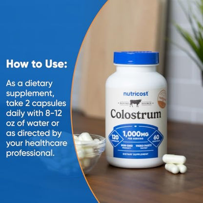 Nutricost Colostrum 1000mg, 120 Kapseln – Glutenfrei & GVO-frei, 60 Portionen