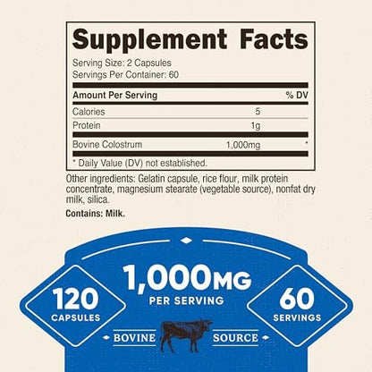 Nutricost Colostrum 1000mg, 120 Kapseln – Glutenfrei & GVO-frei, 60 Portionen