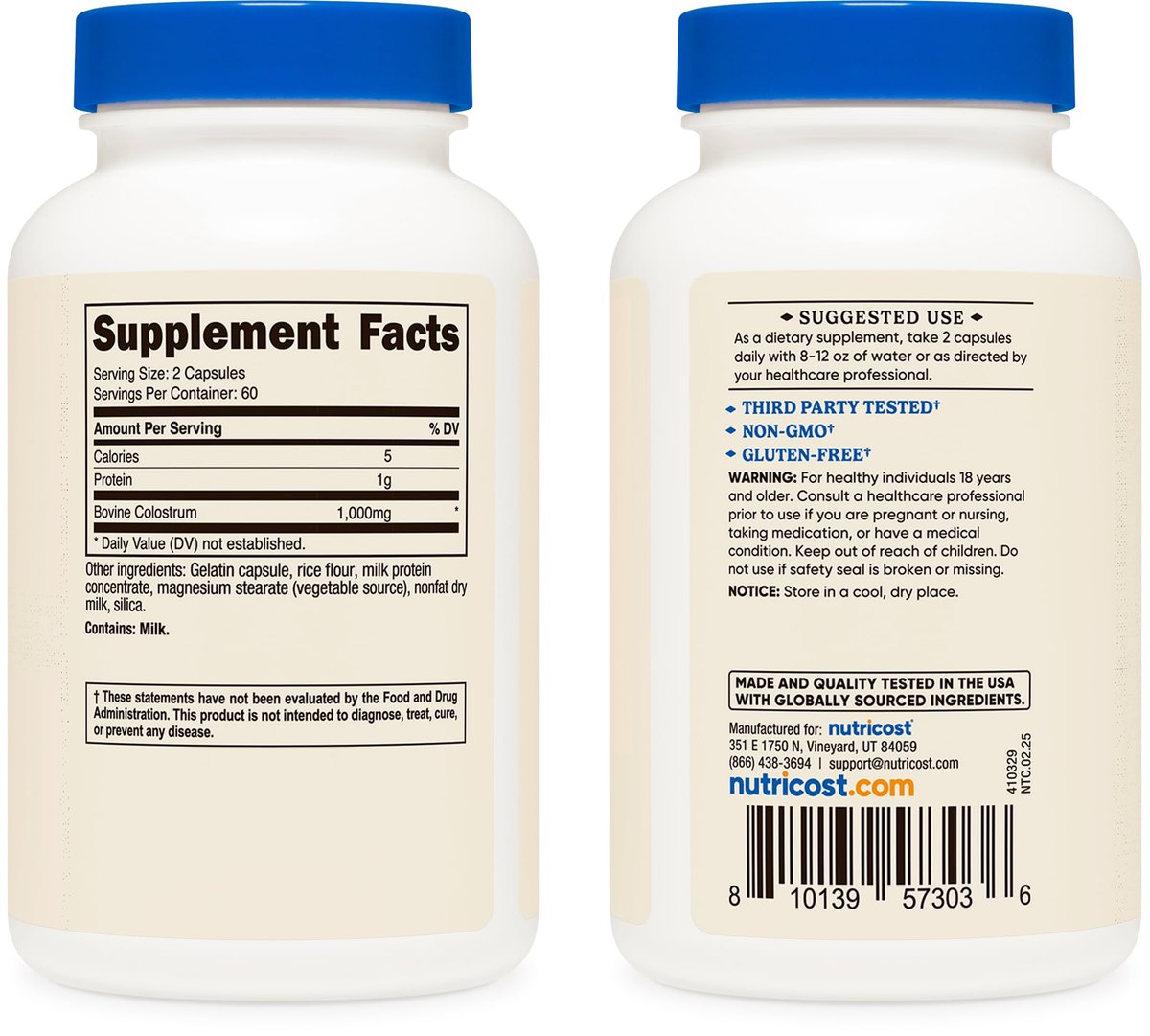 Nutricost Colostrum 1000mg, 120 Kapseln – Glutenfrei & GVO-frei, 60 Portionen