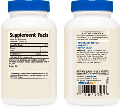 Nutricost Colostrum 1000mg, 120 Kapseln – Glutenfrei & GVO-frei, 60 Portionen