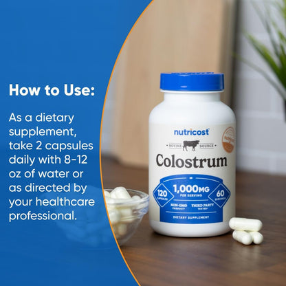 Nutricost Colostrum 1000mg, 120 Kapseln – Glutenfrei & GVO-frei, 60 Portionen