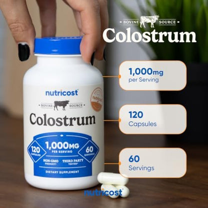 Nutricost Colostrum 1000mg, 120 Kapseln – Glutenfrei & GVO-frei, 60 Portionen