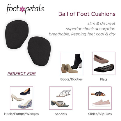 Foot Petals Ball of Foot Cushions – Metatarsal-Pad für langanhaltenden Komfort, verhindert Zehenrutschen und Überhang – für Damenabsätze – 1 Paar, Schwarz