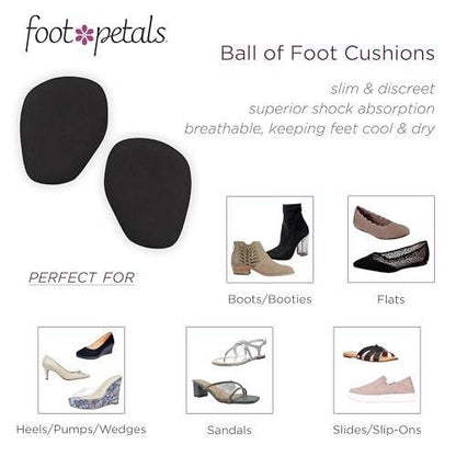 Foot Petals Ball of Foot Cushions – Metatarsal-Pad für langanhaltenden Komfort, verhindert Zehenrutschen und Überhang – für Damenabsätze – 1 Paar, Schwarz