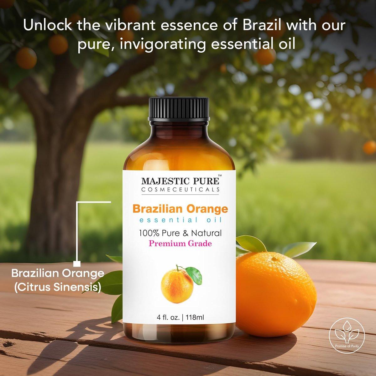 Majestic Pure Brasilianisches Orangenöl – 100 % reines und natürliches ätherisches Öl mit Glaspipette, 118 ml – Ideal für Aromatherapie, Diffuser, Seifen- und Kerzenherstellung