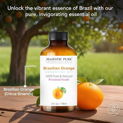 Majestic Pure Brasilianisches Orangenöl – 100 % reines und natürliches ätherisches Öl mit Glaspipette, 118 ml – Ideal für Aromatherapie, Diffuser, Seifen- und Kerzenherstellung