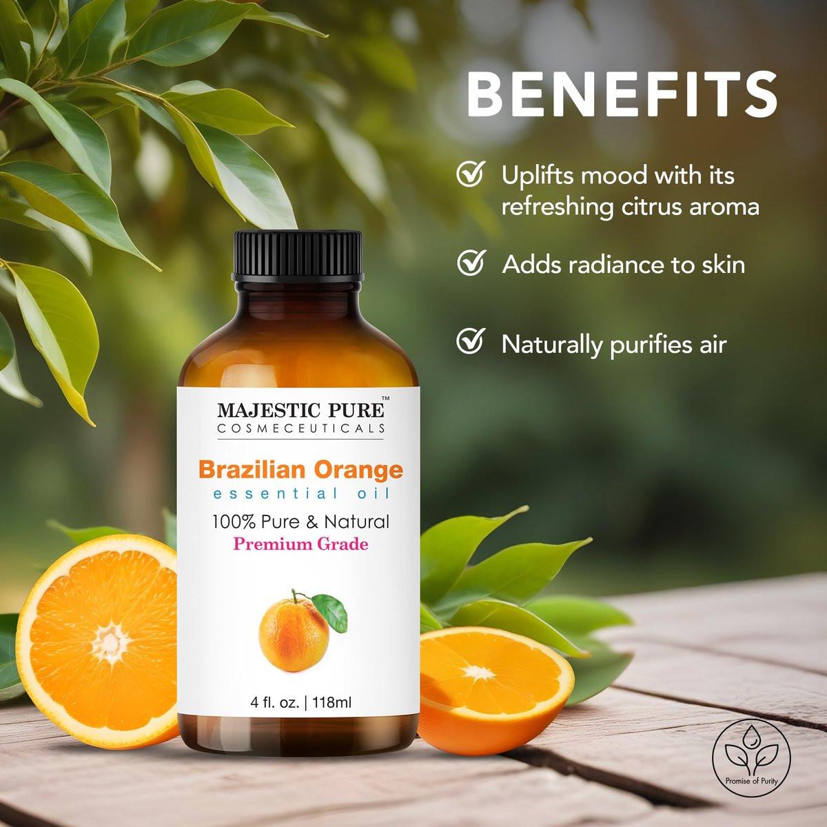 Majestic Pure Brasilianisches Orangenöl – 100 % reines und natürliches ätherisches Öl mit Glaspipette, 118 ml – Ideal für Aromatherapie, Diffuser, Seifen- und Kerzenherstellung