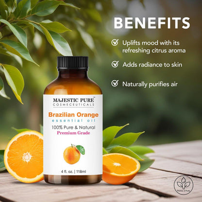 Majestic Pure Brasilianisches Orangenöl – 100 % reines und natürliches ätherisches Öl mit Glaspipette, 118 ml – Ideal für Aromatherapie, Diffuser, Seifen- und Kerzenherstellung
