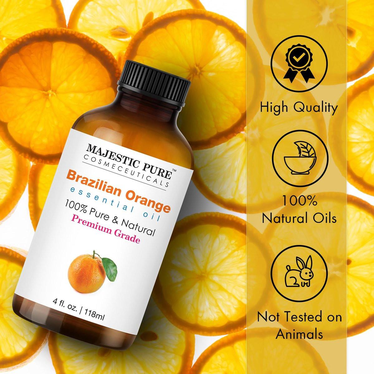 Majestic Pure Brasilianisches Orangenöl – 100 % reines und natürliches ätherisches Öl mit Glaspipette, 118 ml – Ideal für Aromatherapie, Diffuser, Seifen- und Kerzenherstellung