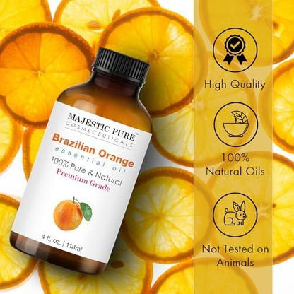 Majestic Pure Brasilianisches Orangenöl – 100 % reines und natürliches ätherisches Öl mit Glaspipette, 118 ml – Ideal für Aromatherapie, Diffuser, Seifen- und Kerzenherstellung