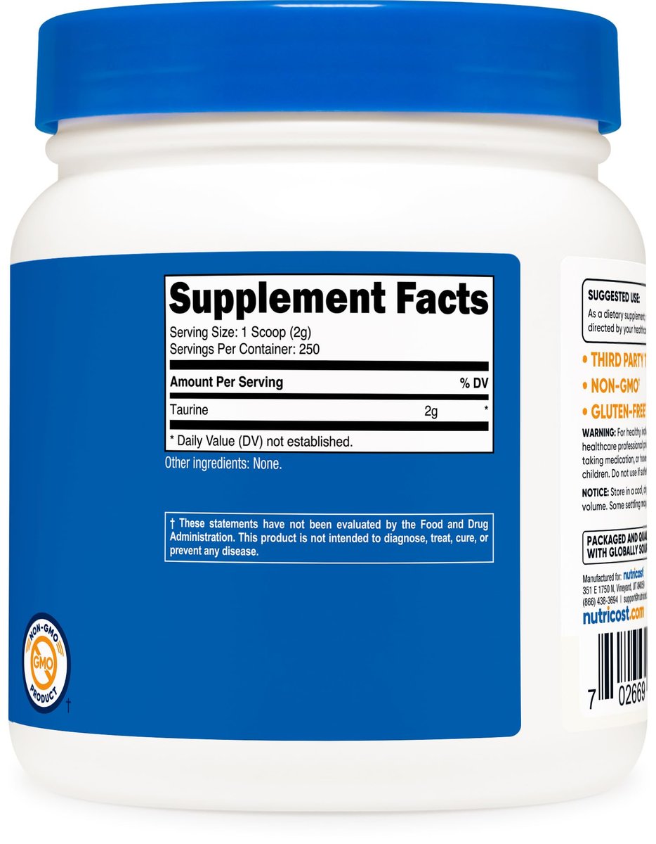 Nutricost Taurin Pulver (500 Gramm) - 250 Portionen - Reines Taurinpulver für Sport und Ernährung